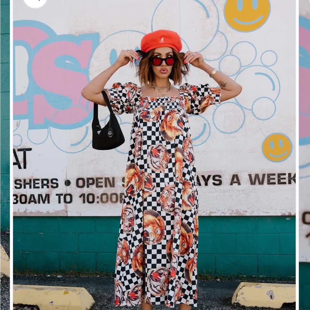 NWOT- Dressed in LaLa Palm Springs smocked dress in lions, tigers, check, on my!